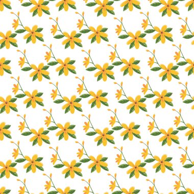 Güzel, pürüzsüz desenli, gür yeşil yapraklı, canlı sarı çiçekler sergiliyor. Kumaş tasarımı, dijital arkaplan ya da neşeli ve parlak estetik sergilenen bahar temalı sanat eserleri için ideal..