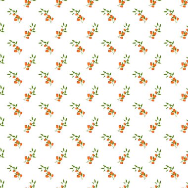 Küçük turuncu laleler ve yeşil yapraklardan oluşan narin çiçek desenleri pürüzsüz beyaz bir arka planda güzelce yerleştirilmiş. Tekstil tasarımları, dekoratif baskılar ve şık arka planlar için ideal..