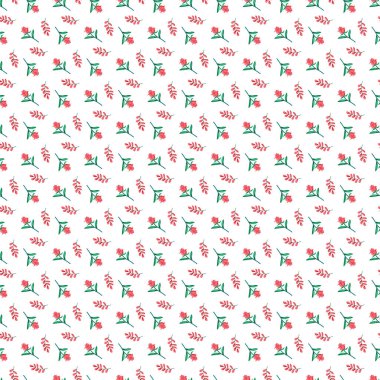 Yeşil yapraklı kırmızı çiçekleri içeren zarif ve pürüzsüz desen, beyaz arka planda güzel bir şekilde sergilenmiş, tekstil, duvar kağıtları ve zanaat projeleri için ideal..