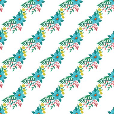 Canlı çiçekler ve beyaz bir arka planda düzenlenmiş yapraklardan oluşan renksiz bir çiçek deseni. Tekstil, dijital tasarımlar, duvar kağıtları ve diğer yaratıcı uygulamalar için mükemmel..