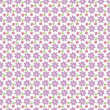 Mor papatyalar, pembe çiçekler ve temiz beyaz bir arkaplan karşısında taze yeşil yapraklar içeren canlı, pürüzsüz çiçek desenleri. Bahar temalı tekstil, kırtasiye ve dekoratif tasarımlar için mükemmel..