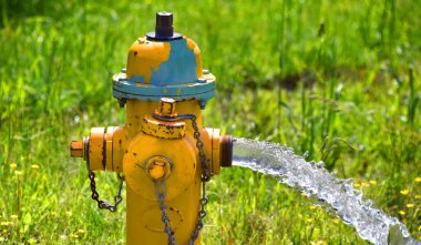 Yangın musluğu basıncı serbest bırakırken su fışkırtıyor ve su borularından fışkırıyor. Çimen yangın musluğunu sarar. Kaptan yangın musluğuna oturur..