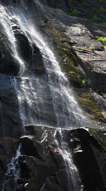 Yakından bakınca, Hickory Nut Falls, Chimney Rock, Kuzey Carolina 'da kaya yüzeyinden dökülen ince çağlayanı görüyoruz..