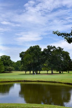 Genç adam Memphis, Tennessee 'de tek başına golf oynuyor. Yeşil çimenler ve su özellikleriyle çok güzel bir saha..