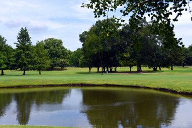 Golfer gets set to hit the golf ball.  He is playing on a course in Memphis, Tennessee.  Water sits in front of him. clipart