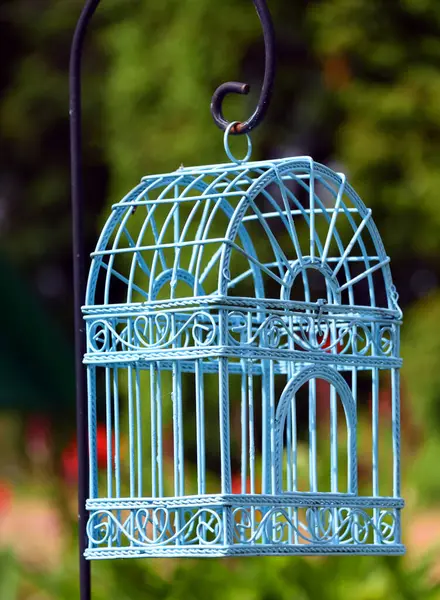 stock image Beautiful aqua painted bird cage hangs empty on a black metal hook.  Cage is decorative and is empty.