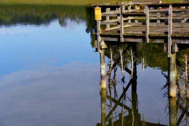 Dock, in Warriors Path State Park, looks toward Duck Island in Warriors Path State Park.  Dock is dedicated to being a Fish Habitat Site.  Cedar trees are tied to dock for feeding fish. clipart