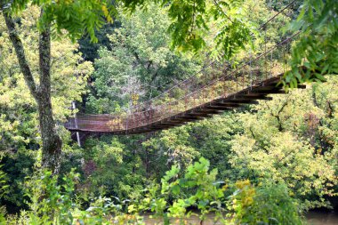 Swinging pedestrian bridge crosses the north fork of the Holston River in Tennessee.  Forest surround bridge and river. clipart