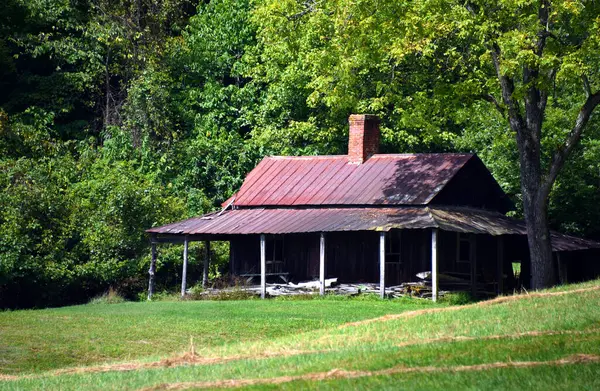 Paslı teneke çatı, uzun veranda ve tek baca. Bu eski ev Tennessee ormanına kurulmuş..