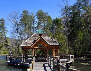 Bays Mountain Gölü 'ndeki Peaceful Lily Koyu' nda suyun üzerinde bir pavyon var. Pavilion, oturma alanına giden uzun yürüyüş yolu olan ahşaptır..