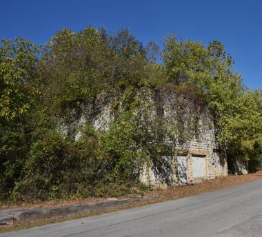 Overgrown with ivy, vines, and scrub trees, this defunct business sits on Walnut Street in Pepper Sauce Alley, a ghost town in Calico Rock, Arkansas. clipart