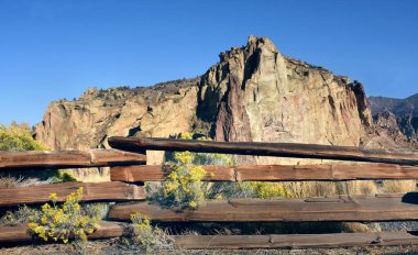 Çiçek açan sarı Tavşan Fırçası Oregon 'daki Smith Rock State Parkı' ndaki çitlerin arasından bakıyor., 