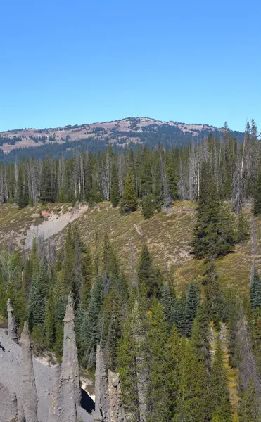 stock image Distant mountain and Fossil Fumeroles can be seen at Pinnacles Overlook, in Crater Lake National Park, in Oregon, 