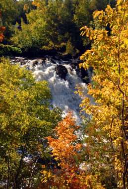 Güzel Kartal Nehri Şelalesi, son yağmurdan sonra kayalık uçurumdan atlayıp aşağıdaki nehre düşüyor. Sonbahar yapraklarının çerçeveleri düşer.