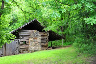 Built in 1850, the Villines Cabin sits in Boxley Valley, Ozark Mountains, in Arkansas.  Cabin is made of hand-hewn logs and has a stone chimney. clipart