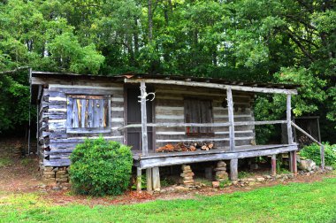 Kuzey Arkansas 'ta, ön verandalı, Rustik ahşap kulübe bulunuyor. Kulübe yeşil ağaçlarla çevrili..