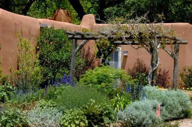 Adobe binasının dışında bitki ve çiçeklerle dolu bir avlu var. Bir pergola bahçeye biraz gölge verir. 