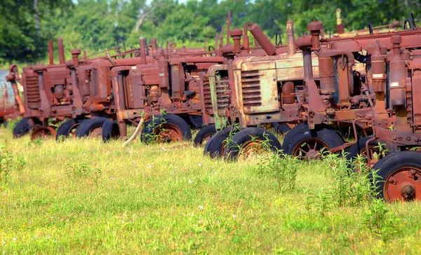 stock image Group of antique tractors sit in a row, abandoned and unused.  Tractors have turned a rusty orange exposed to the elements.