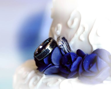 O ve alyansları bir düğün pastasında mor renkte, güller serpiştiriyorlar..