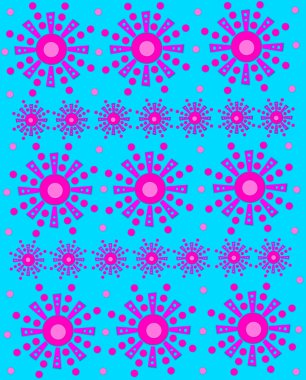 Parlak su arka planında polka noktalarıyla çevrili geometrik şekilli çiçekler var. Bir sıra büyük bir çiçeği gösteriyor ve diğer sıra da aynı çiçeğin daha küçük bir versiyonunu gösteriyor..