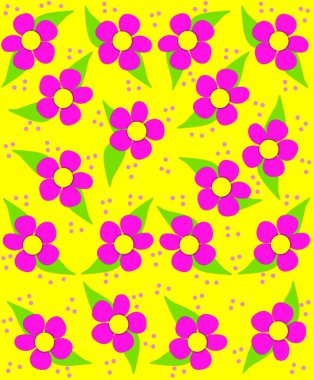 70 'lerin tarzı çiçekler sarıyı doldurur, arka planda pembe lekeler serpiştirir küçük pembe benekler konfeti gibi düşer..