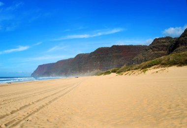 Kauai Adası 'ndaki Polihale State Park kalabalıktan kaçmak için mükemmel bir yer. Kumda lastik izleri mükemmel bir saklanma yeri..