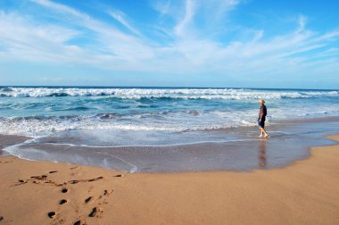 Kot pantolonlu erkek turist Hawaii Adası 'ndaki Polihale State Park' ın yalnızlığının tadını çıkarıyor. Hasır şapka takıyor..