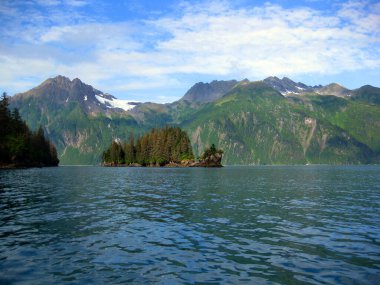 Valdez, Alaska yakınlarındaki Valdez Limanı 'ndan Valdez Arms' a giriş noktası. Güzel Chugach Dağları ve Anderson Buzulu arkasında duruyor..