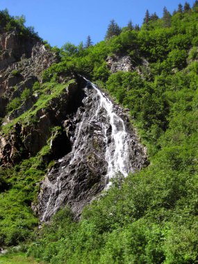 At Kuyruğu Şelalesi, Alaska 'daki Whittier Buzulu' ndan dağdan aşağı dökülüyor. Şelaleler aynı kasabadan görülebilir..