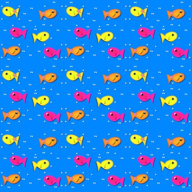 Küçük beyaz noktalar ya da kabarcıklar yüzen balıkların yanında otururlar. Hepsi parlak mavi bir arka planda. Balıklar çok renkli..