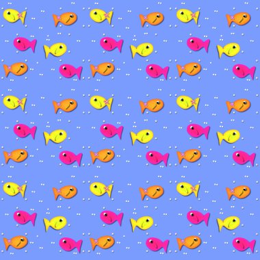 Küçük beyaz noktalar yüzen balıkların yanında otururlar. Hepsi açık leylak arka planda. Balıklar çok renkli..