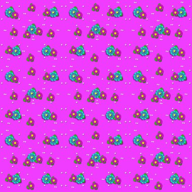 Küçük beyaz noktalar pembe ve küçük yeşil yapraklı mavi çiçeklerin yanında otururlar. Hepsi parlak pembe arka planda..