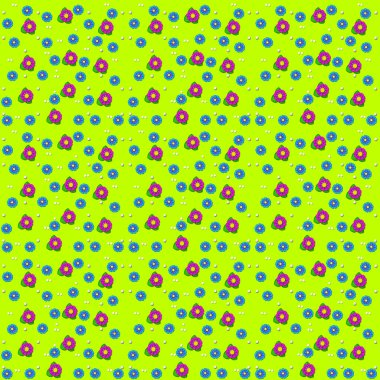 Küçük beyaz noktalar pembe ve küçük yeşil yapraklı mavi çiçeklerin yanında otururlar. Hepsi limon yeşili arka planda..