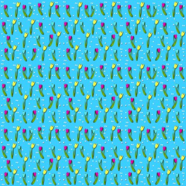 Üç boyutlu lalelerin yanında küçük beyaz noktalar var. Laleler sarı, pembe ve mavidir ve mavi arka planda otururlar..