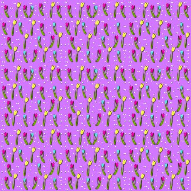 Üç boyutlu lalelerin yanında küçük beyaz noktalar var. Laleler sarı, pembe ve mavidir ve leylağın arka planında otururlar..