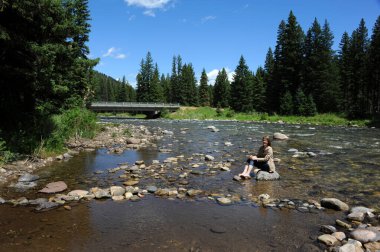 Attractive young woman smiles happily as she wades the Gallatin River with barefeet and rolled up jeans.  Bridge and wooded forest surround her. clipart