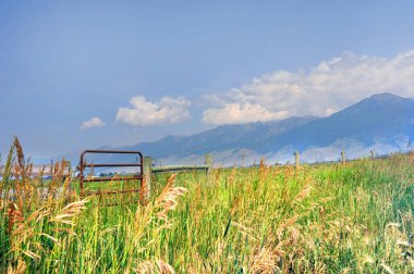 Montana 'daki Happy Valley' in güzel manzarasında Absaroka Dağları manzarası var. Kapı ve çit görüntünün uzunluğu.