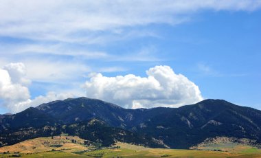 Bozeman, Montana yakınlarındaki Bridger Dağları ağaçlarla ve kabarık bulutlarla kaplı..