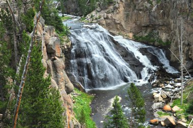 Güzel Gibbon Nehri Yellowstone Ulusal Parkı 'nda Gibbon Şelalesi' ne dökülüyor. Rocky Vadisi çerçeveleri düşüyor.