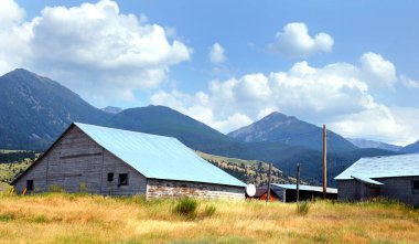 Beyaz, ahşap ahır uzun otlar ve Montana Happy Valley 'deki yüksek Absaroka Dağları ile çevrilidir..