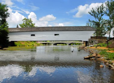 Elizabethton Covered Bridge in downtown Elizabethton, Tennessee spans the Doe River.  Snowgeese swim in the river and lay on bank. clipart