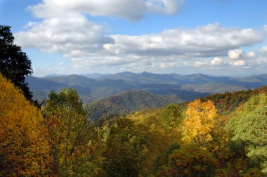 Yukarıdan bakınca, Blue Ridge Parkway 'deki Smokey Mountain ve Fall renkleri görünüyor..