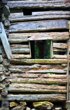 Background image shows wall old cabin of hand hewn logs.  Cabin has small window. clipart