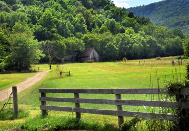 Arkansas dağları ve ağaçlarla çevrili eski ahır manzarası. Ahır ahşap, yıpranmış ve paslı teneke bir çatısı var. Çakıl yolu çiftliğe giriyor..