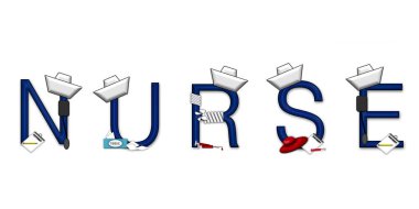 Grafiksel işaret hemşire diyor. Beyaz arka planda mavi harfler, hemşire şapkası ve tıbbi malzemelerle süslenmiş..