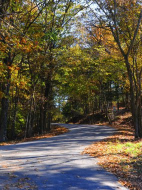 Kıvrımlı yollar bir sonbahar günü Ozarks Dağları 'na çıkar. Hız sınırı işareti saatte 25mph diyor.