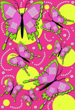 3D butterflies float across hot pink background.  Background has large and small yellow, polka dots, pearls and diamond studs.   clipart