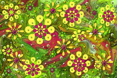 Hippie inspired abstract image of flower power gone wild.  Movement is shown in the jetstream of green and yellow color swirls.  Flower shapes fly through the air and white polka dots float across surface. 3D polka dots in four colors add depth. clipart