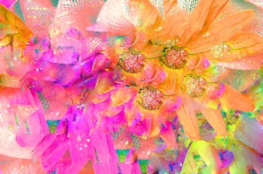 Background illustration shows bouquet of colored daisies in orange and pink. Abstract image is painting design surrounded by white net. clipart