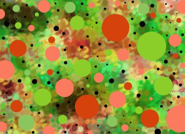 Background is smeared greens and aquas.  Big and small polka dots in green and aqua float across the surface. clipart